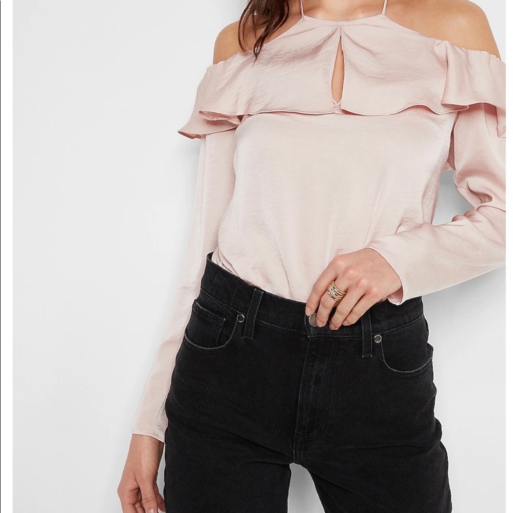 Dusty pink satin ruffle halter thong bodysuit Express